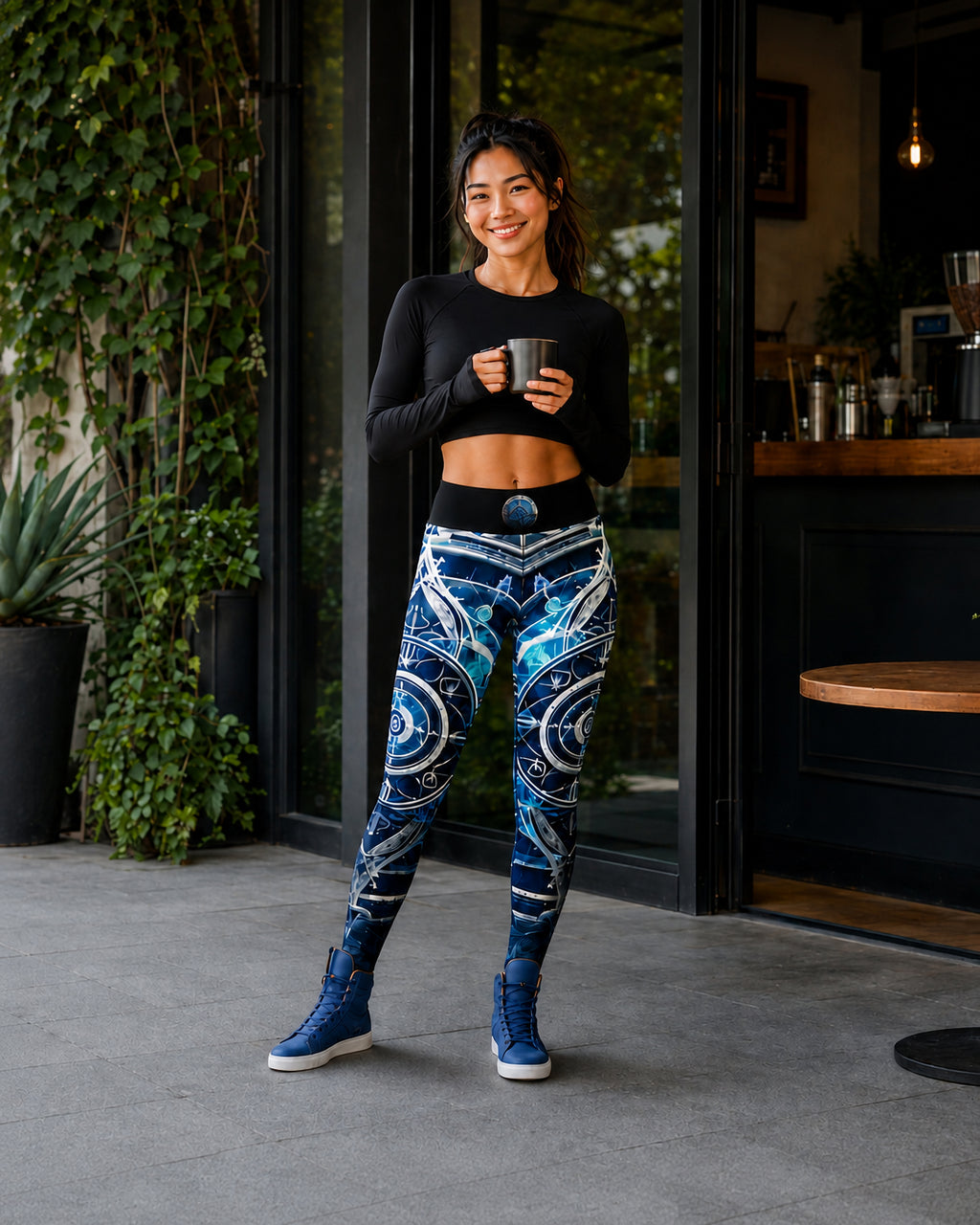 Celestial Circuit Blue Leggings – model at a coffee shop
