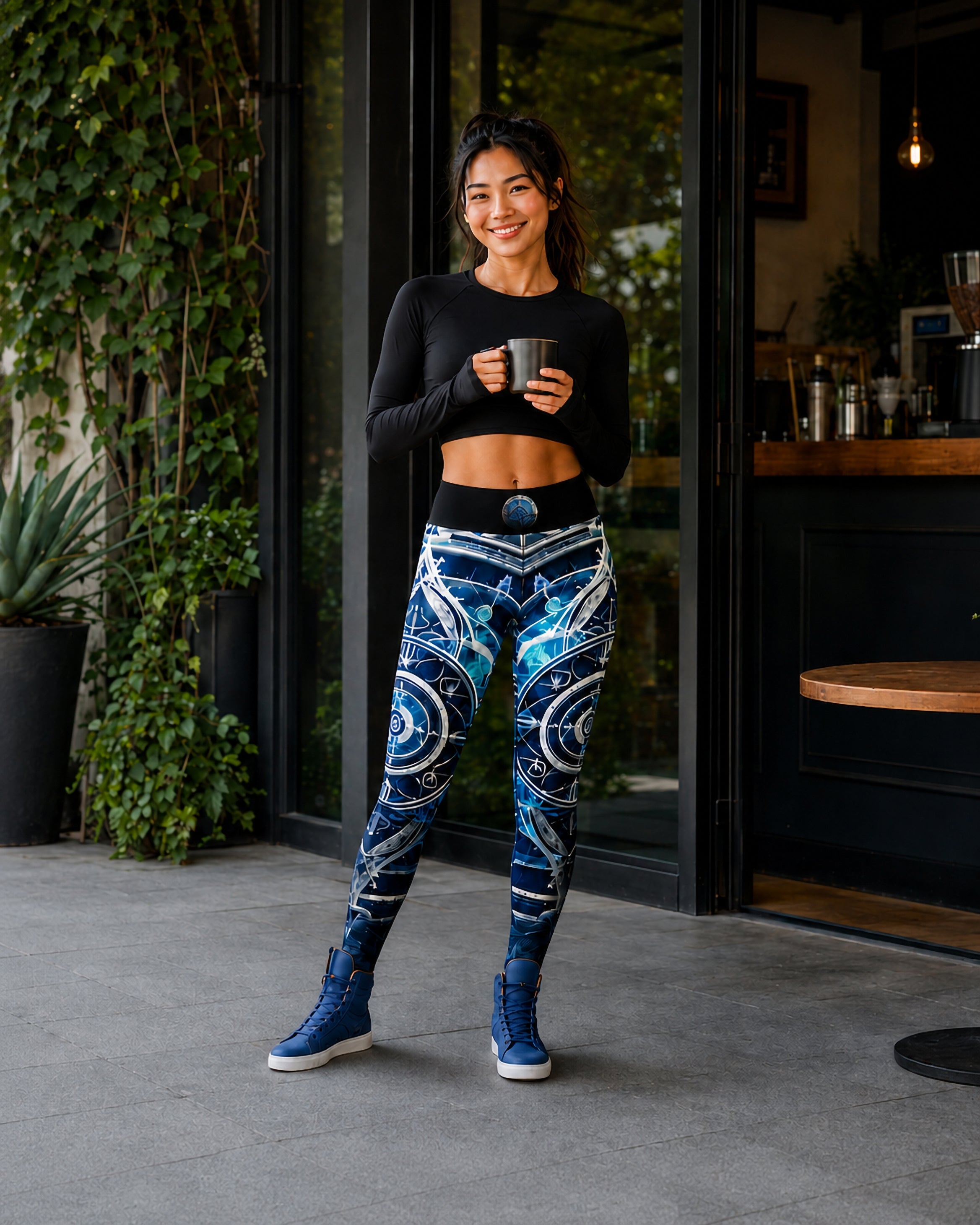 Celestial Circuit Blue Leggings – model at a coffee shop