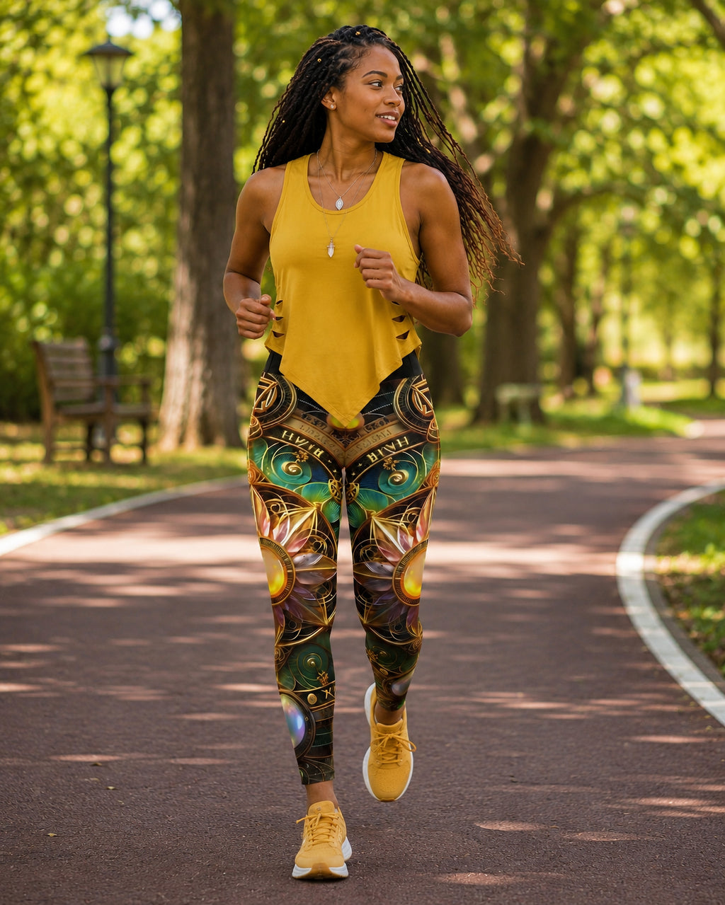Celestial Sunbloom Green Leggings – model jogging