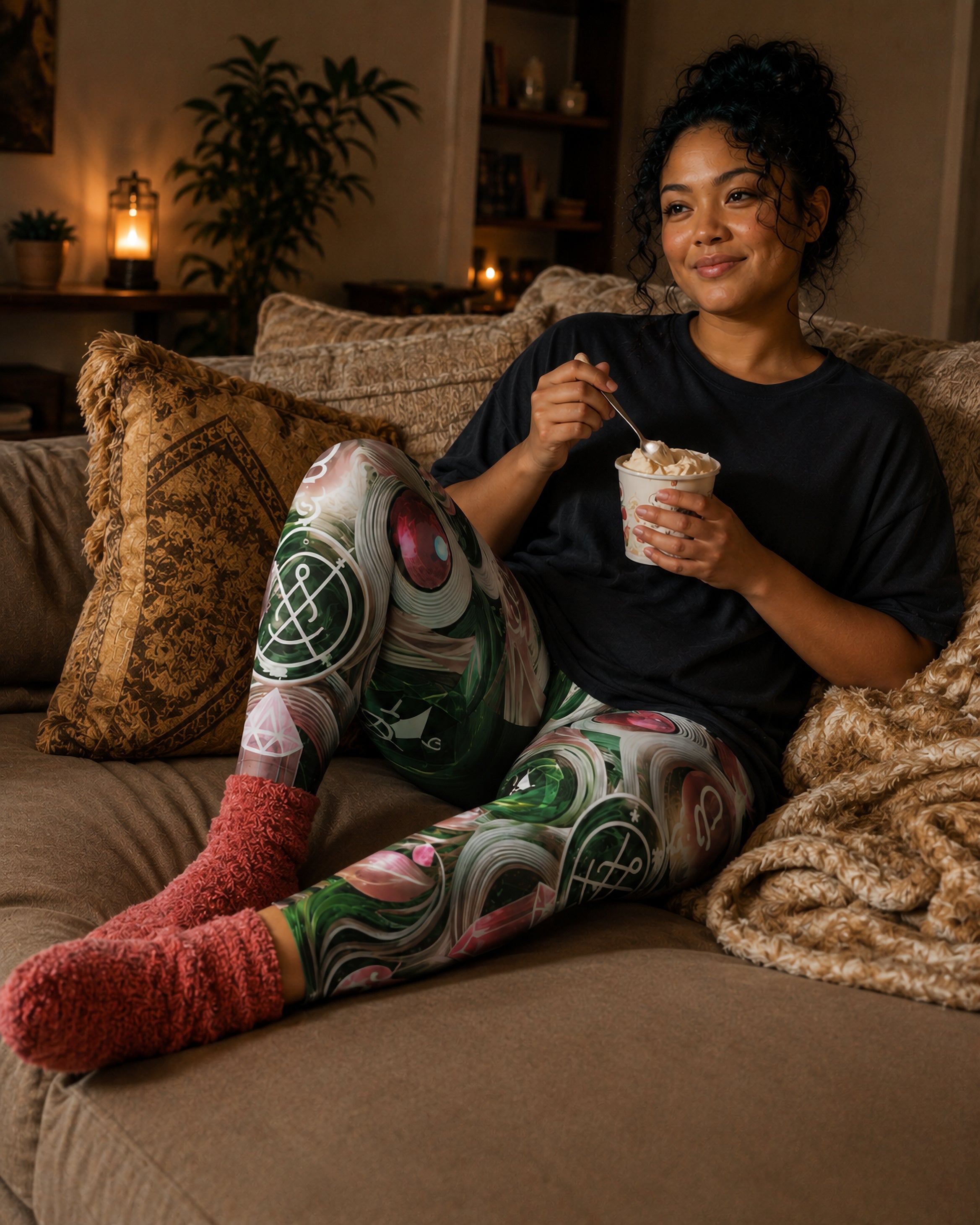 Majestic Emerald Rose Leggings – model relaxing at home