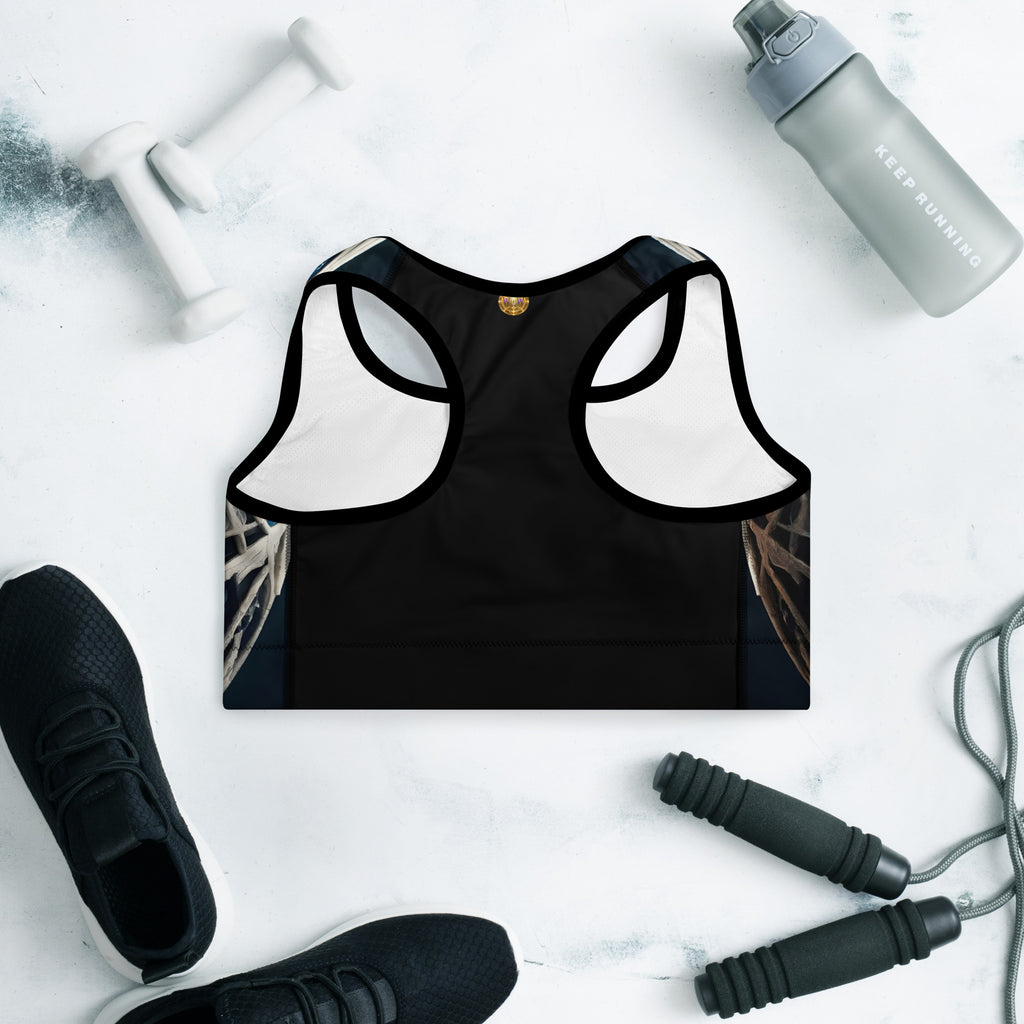 Celestial Circuit Blue Sports Bra – Black colorway, back view