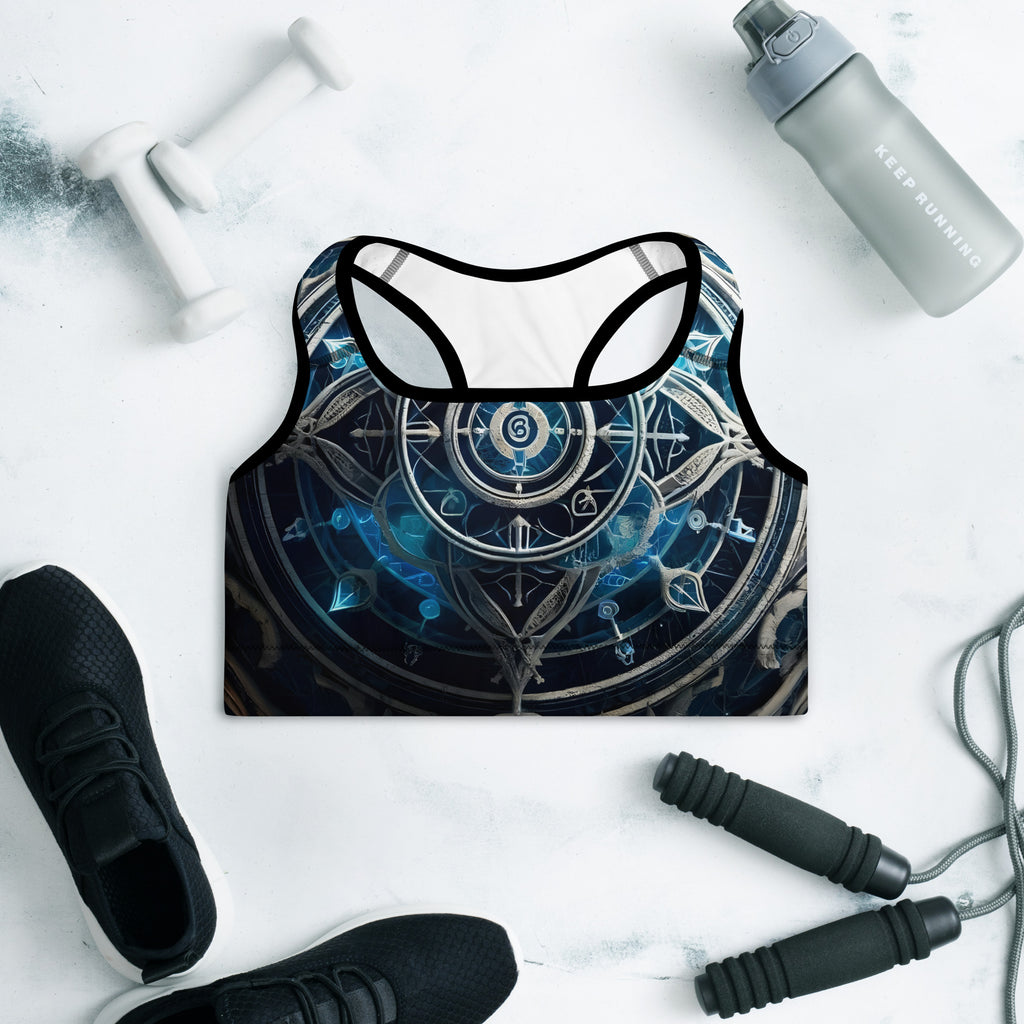 Celestial Circuit Blue Sports Bra – Black colorway, front view (2)