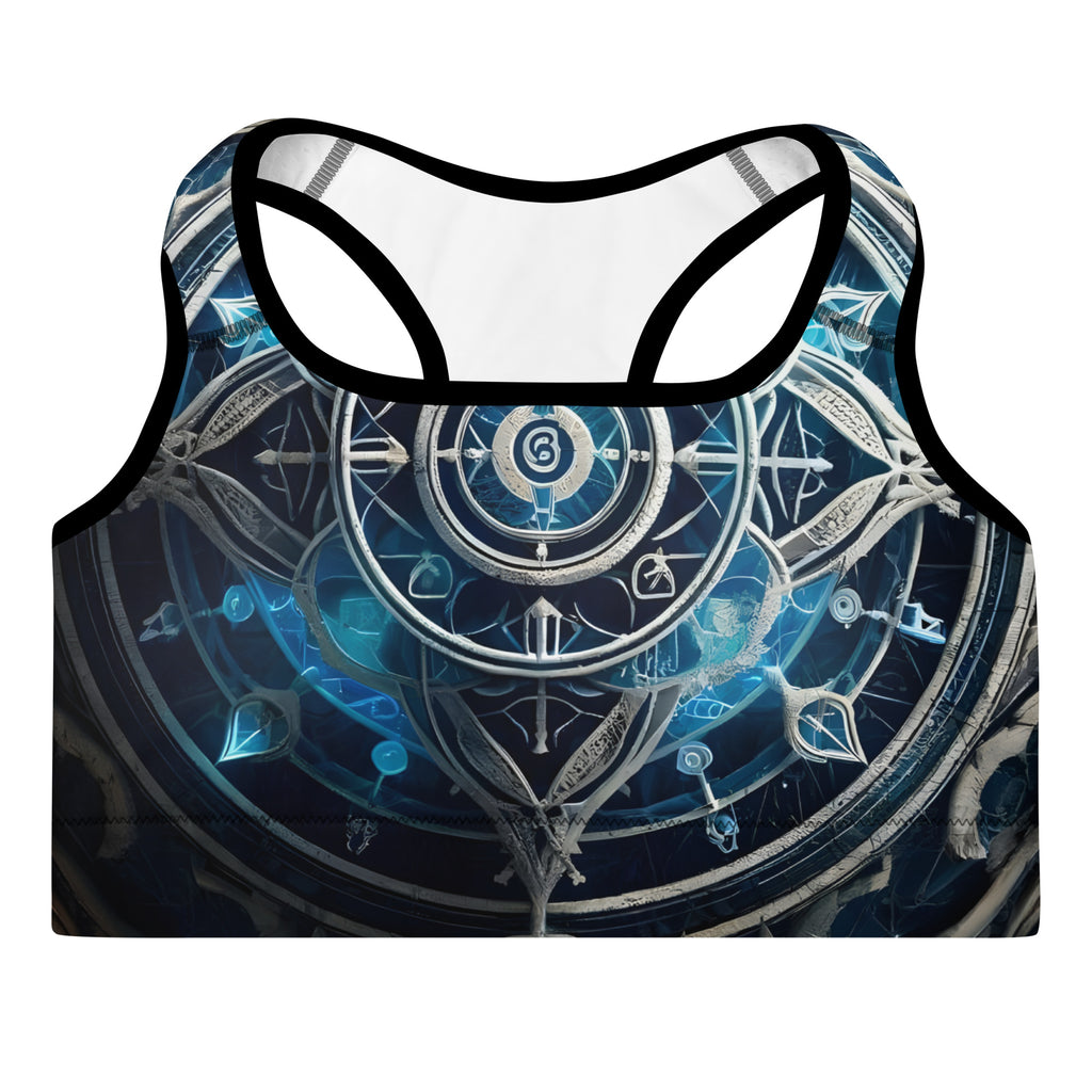 Celestial Circuit Blue Sports Bra – Black colorway, front view