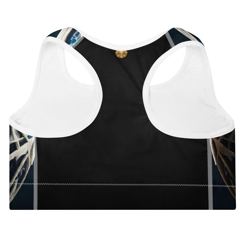 Celestial Circuit Blue Sports Bra – White colorway, back view